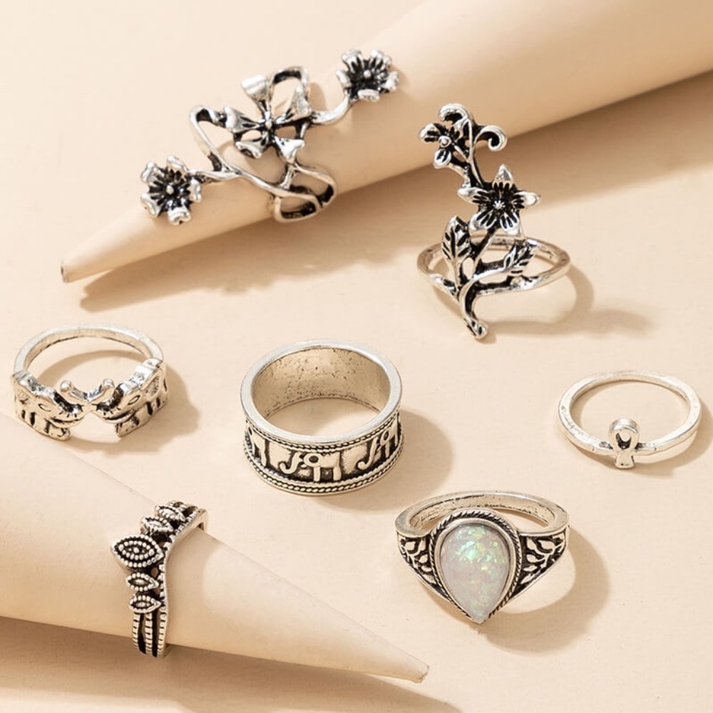 *LALANA* 7-Pc Silver Elephant Fashion Ring Set